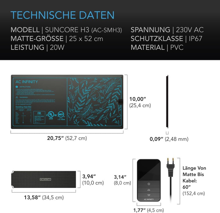 AC Infinity SUNCORE H3 – Heizmatte 25 x 52,7 cm mit digitalem Thermostat, wasserdicht, für Indoor-Ga
