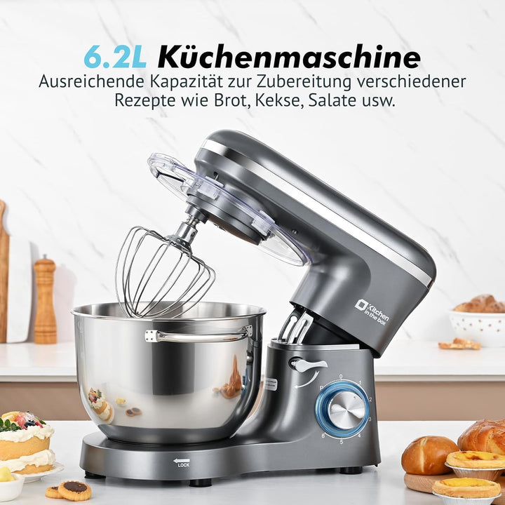 Kitchen in the box Küchenmaschine, 6,2 L Knetmaschine 1400 W, 6 Geschwindigkeits Teigmaschine mit Rü