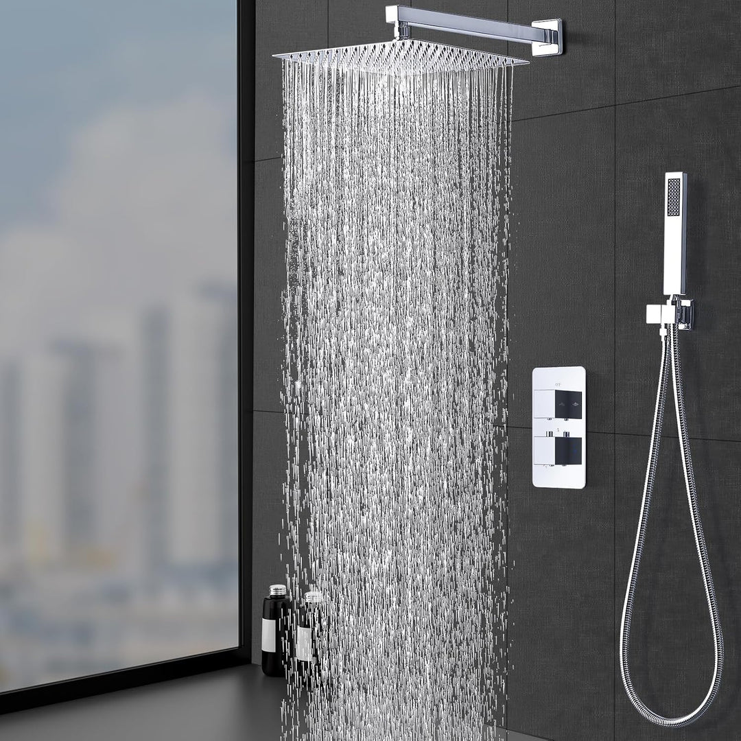 HOMELODY Regendusche Duschsystem mit Thermostat Unterputz Duscharmatur Eckig, Duschamaturenset Chrom