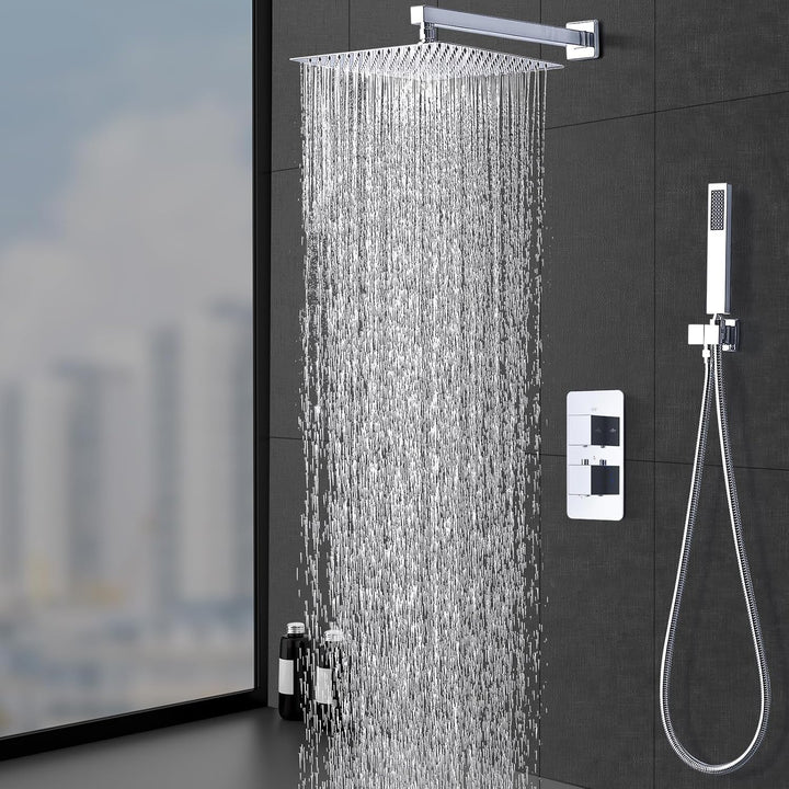 HOMELODY Regendusche Duschsystem mit Thermostat Unterputz Duscharmatur Eckig, Duschamaturenset Chrom