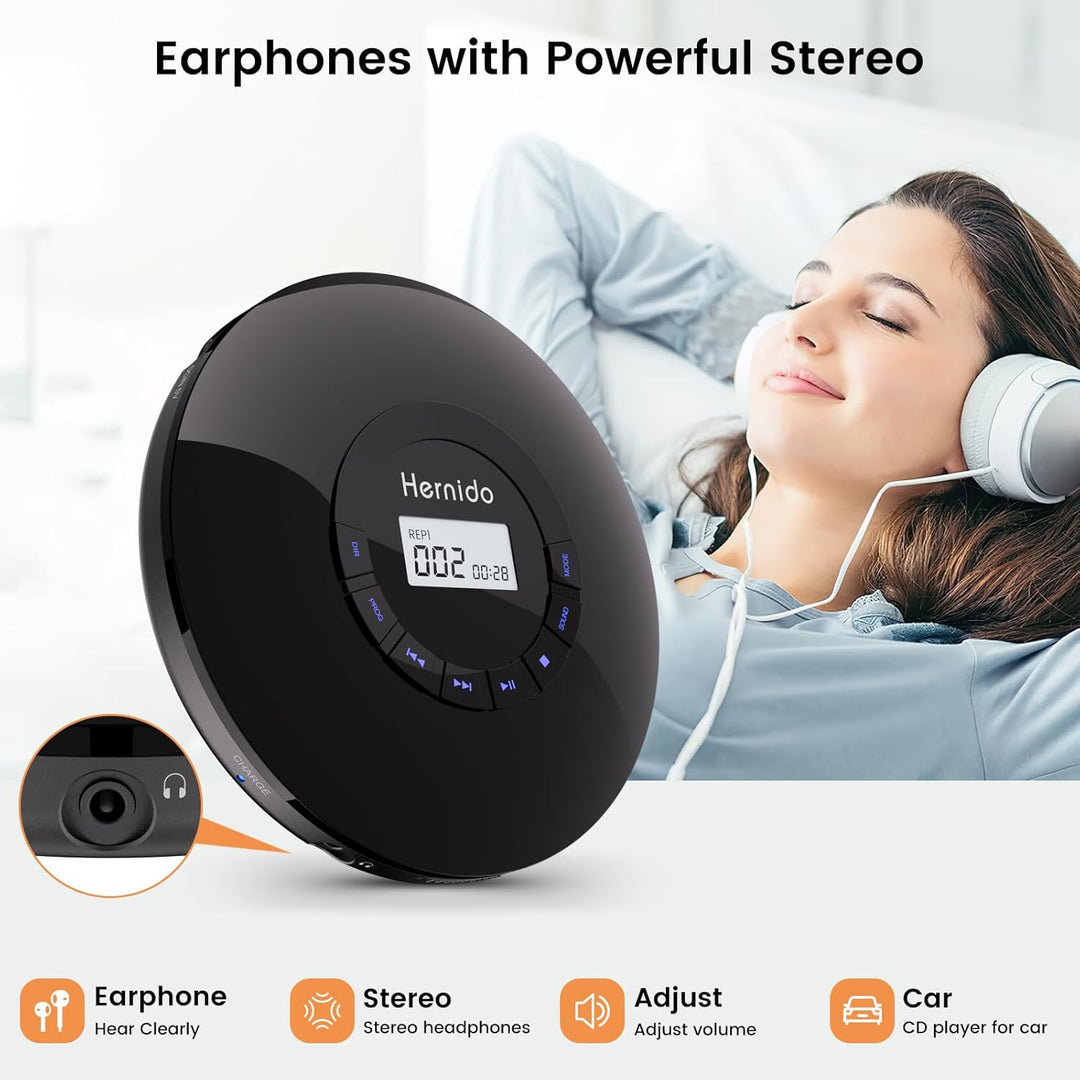 Hernido Tragbarer CD-Player mit Kopfhörer, CD-Player mit wiederaufladbarem Akku, Kompakter CD-Walkma