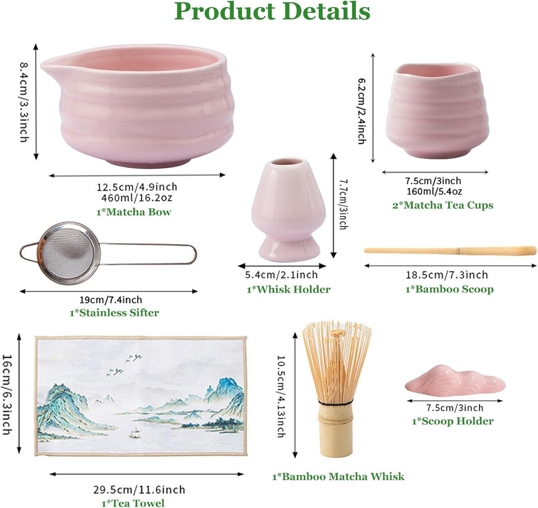 Matcha-Set, 9-teilig, rosa Matcha-Set mit Bambus-Matcha-Schneebesen, Keramikschale, Tasse, Halter, S