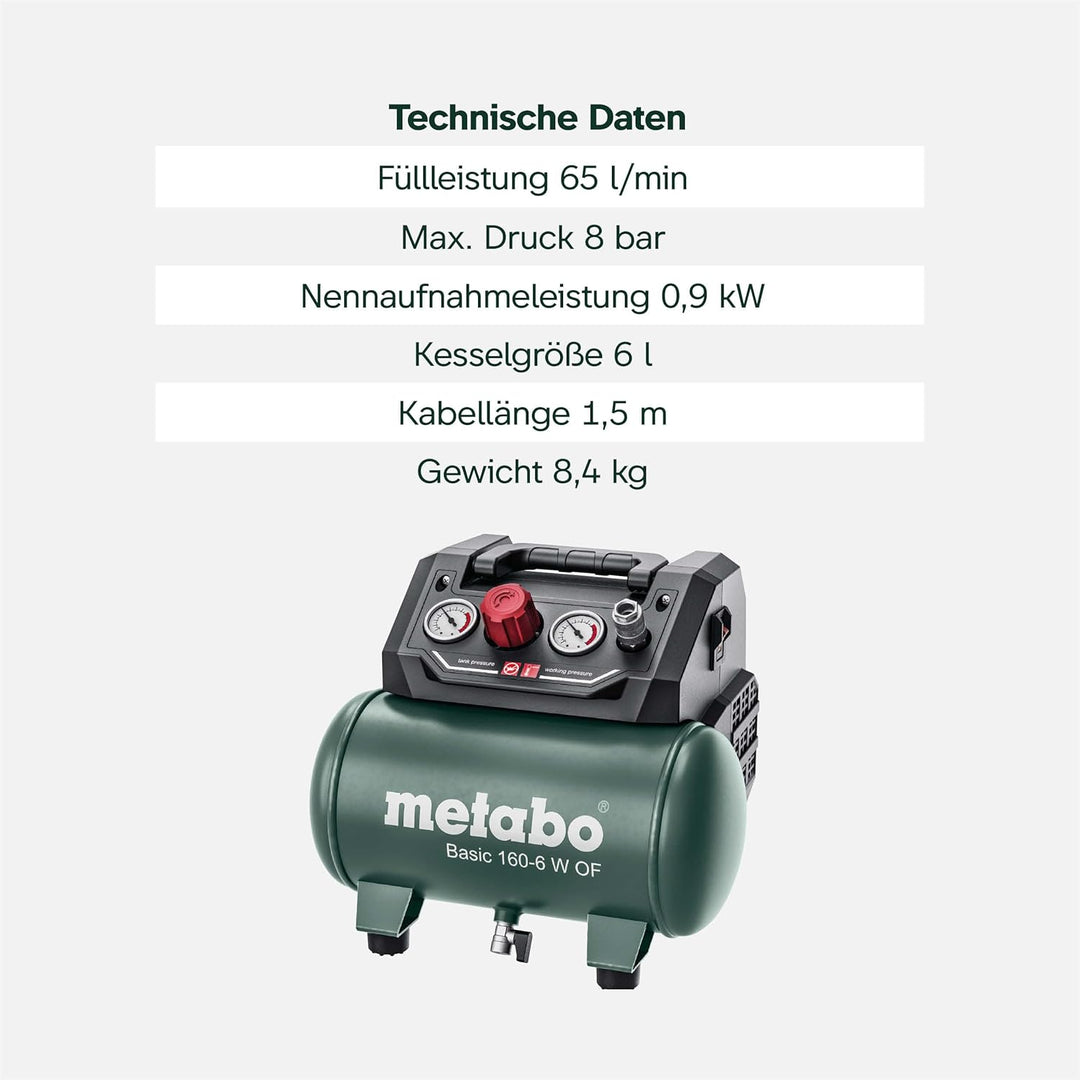 Metabo Kompressor Basic 160-6 W OF (Kessel 6 l, Max. Druck 8 bar, Ansaugleistung 160 l/min, Füllleis