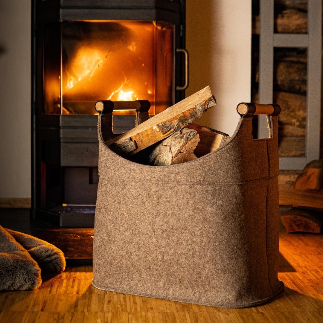 Filz Holzkorb für Kaminholz Gross [40 L] mit Echtholzhenkeln (Eiche) Plegeleichter Boden - Made in G