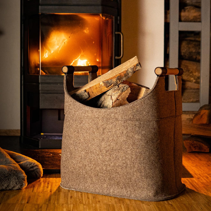 Filz Holzkorb für Kaminholz Gross [40 L] mit Echtholzhenkeln (Eiche) Plegeleichter Boden - Made in G