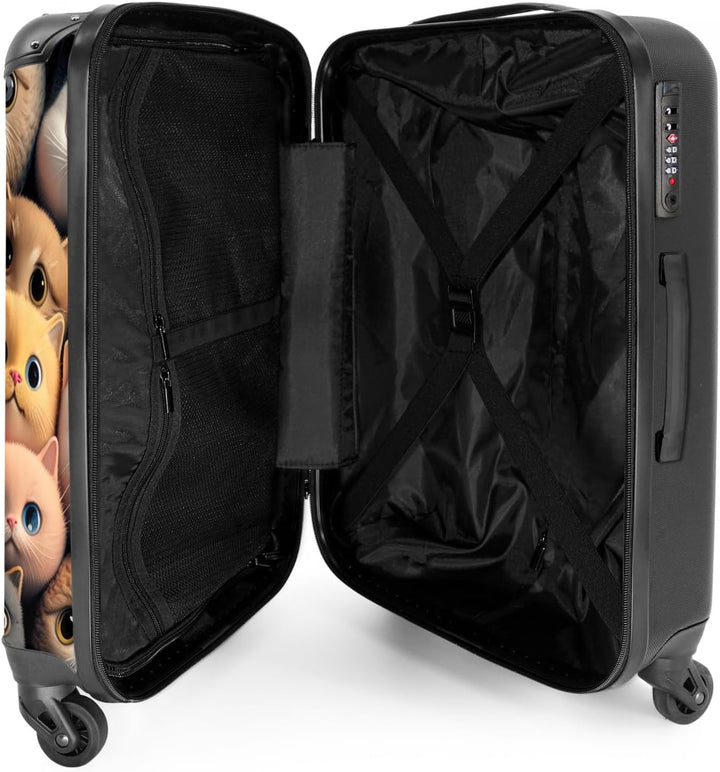 Koffer gross Trolley Rollkoffer Reisekoffer mit 4 Rollen Fotokoffer - Katze - Design - Braun - Grau