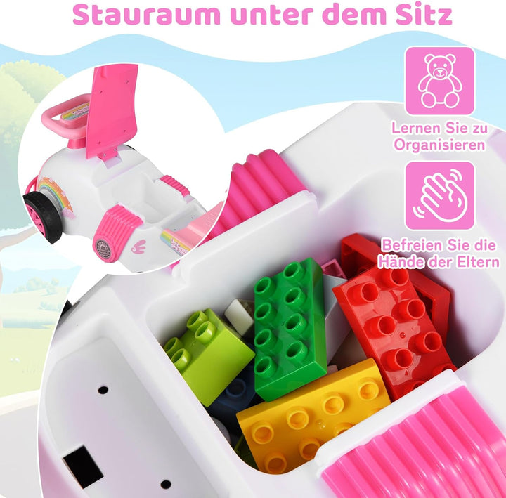 COSTWAY Rutschauto, Rutschfahrzeug im rosa Einhorn-Design, Kinderfahrzeug mit Musik & Stauraum unter