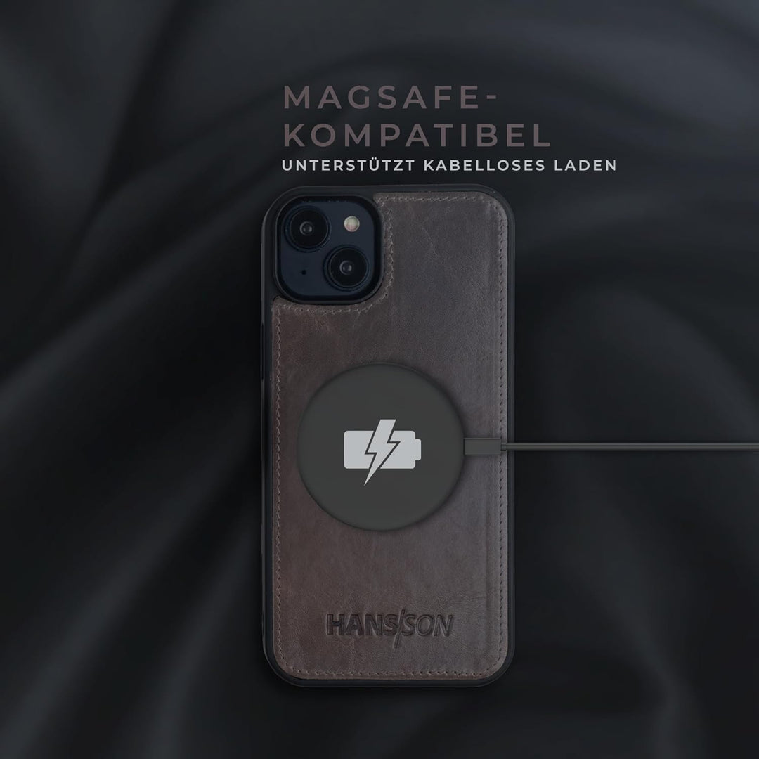 HANS/SON Lederhülle mit Kartenfächern | iPhone 14 | Echtleder | 6,1 Zoll | Schmal | Klapphülle | Sto