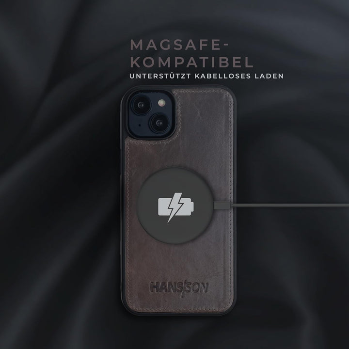 HANS/SON Lederhülle mit Kartenfächern | iPhone 14 | Echtleder | 6,1 Zoll | Schmal | Klapphülle | Sto