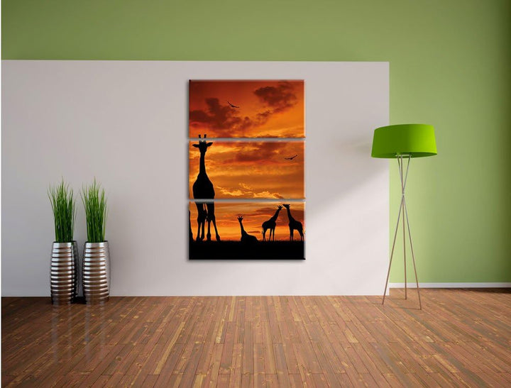 Pixxprint Afrika Giraffen im Sonnenuntergang 3-Teiler Leinwandbild 120x80 Bild auf Leinwand