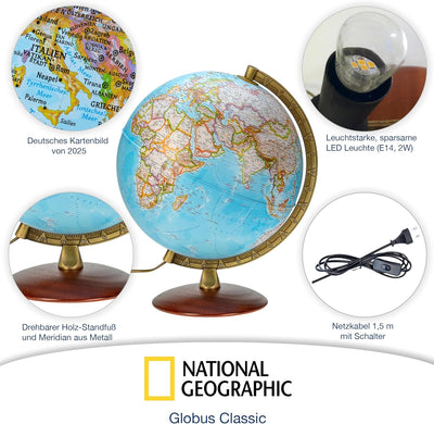 National Geographic - Leuchtglobus im klassischen Stil - 30cm Globus mit stabilem Standfuss und Meta