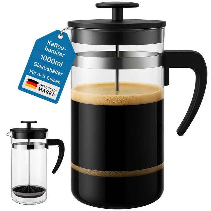 French Press Kaffeebereiter,1000 ml-Glas Kaffeepresse,aus Edelstahlfilter und Glasbehälter - Kaffeek