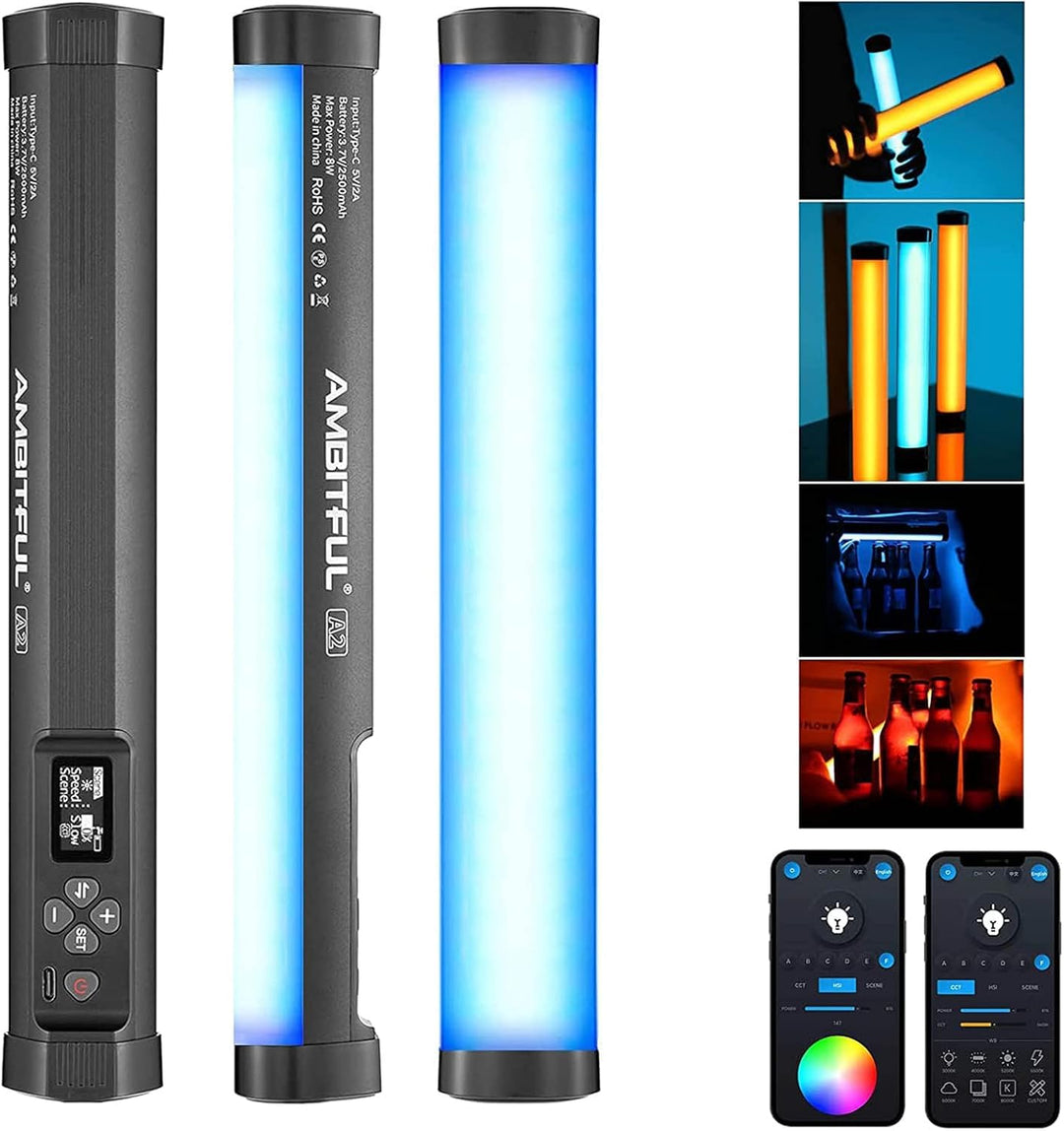 AMBITFUL A2 Vollfarbiges RGB-Röhrenlicht, CRI 95 TLCI 97 Genaue Farbe, 2500K-8500K einstellbar, RGB