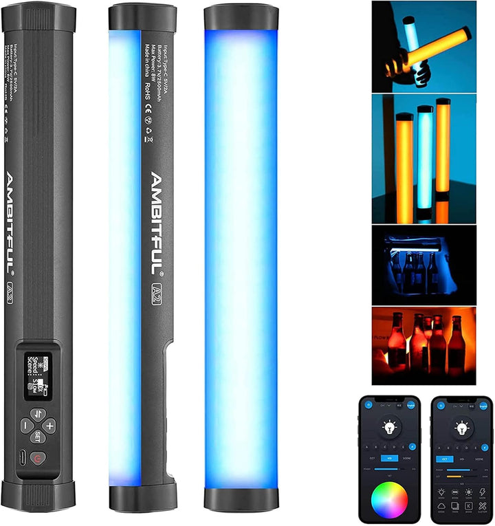 AMBITFUL A2 Vollfarbiges RGB-Röhrenlicht, CRI 95 TLCI 97 Genaue Farbe, 2500K-8500K einstellbar, RGB