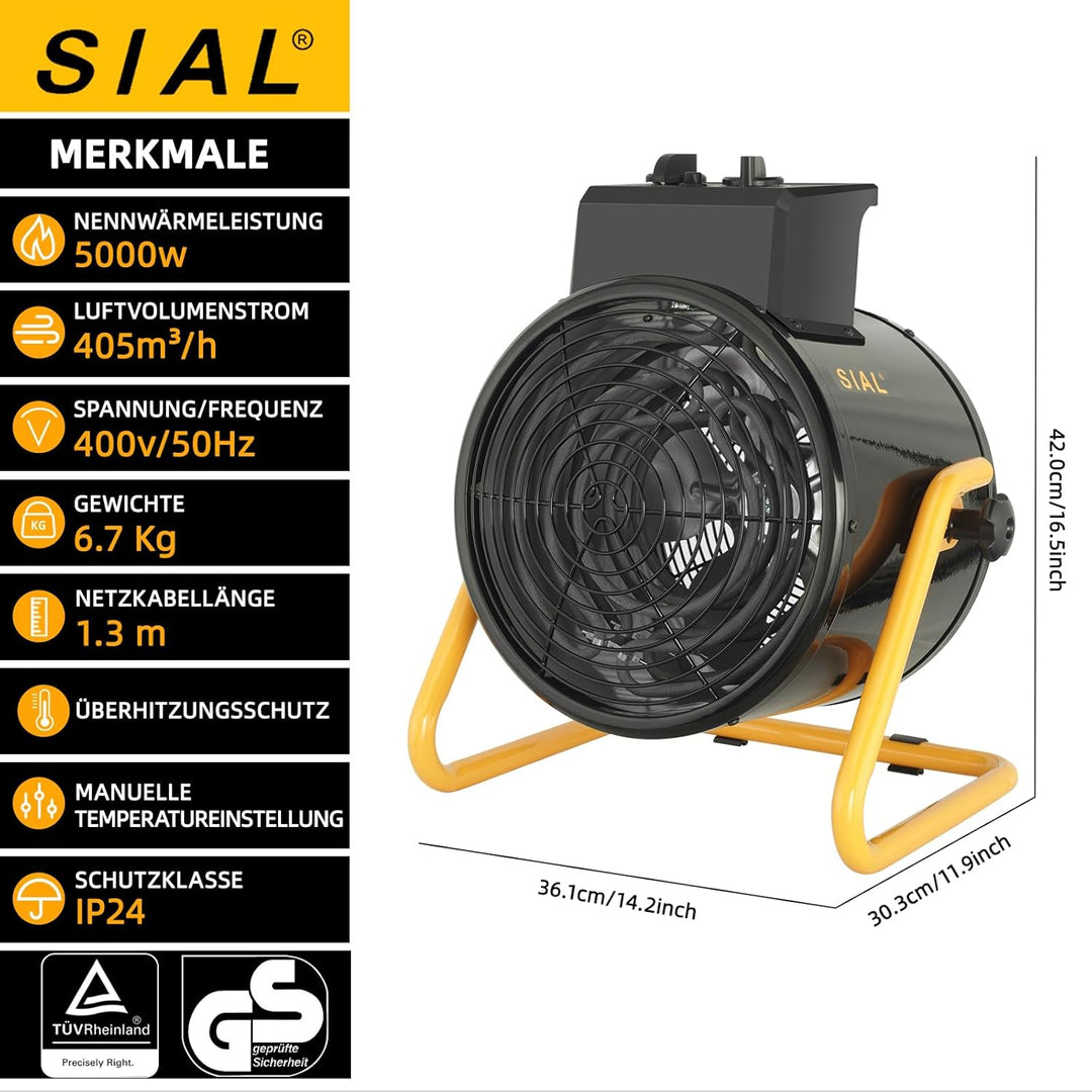 SIAL Industriell Heizlüfter 5000W - Elektrische Heizung - Heizstrahler Bauheizer - Heizgebläse Für G