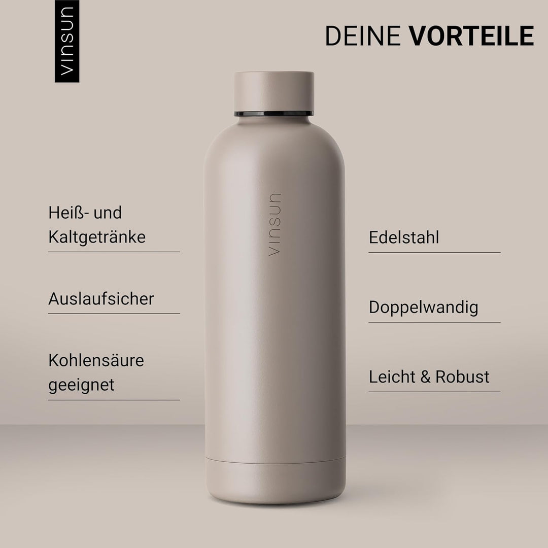 Vinsun Trinkflasche Edelstahl 500ml - auslaufsicher, Kohlensäure geeignet, BPA frei - doppelwandig i