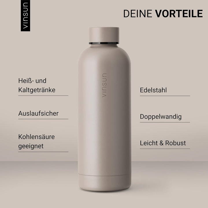 Vinsun Trinkflasche Edelstahl 500ml - auslaufsicher, Kohlensäure geeignet, BPA frei - doppelwandig i