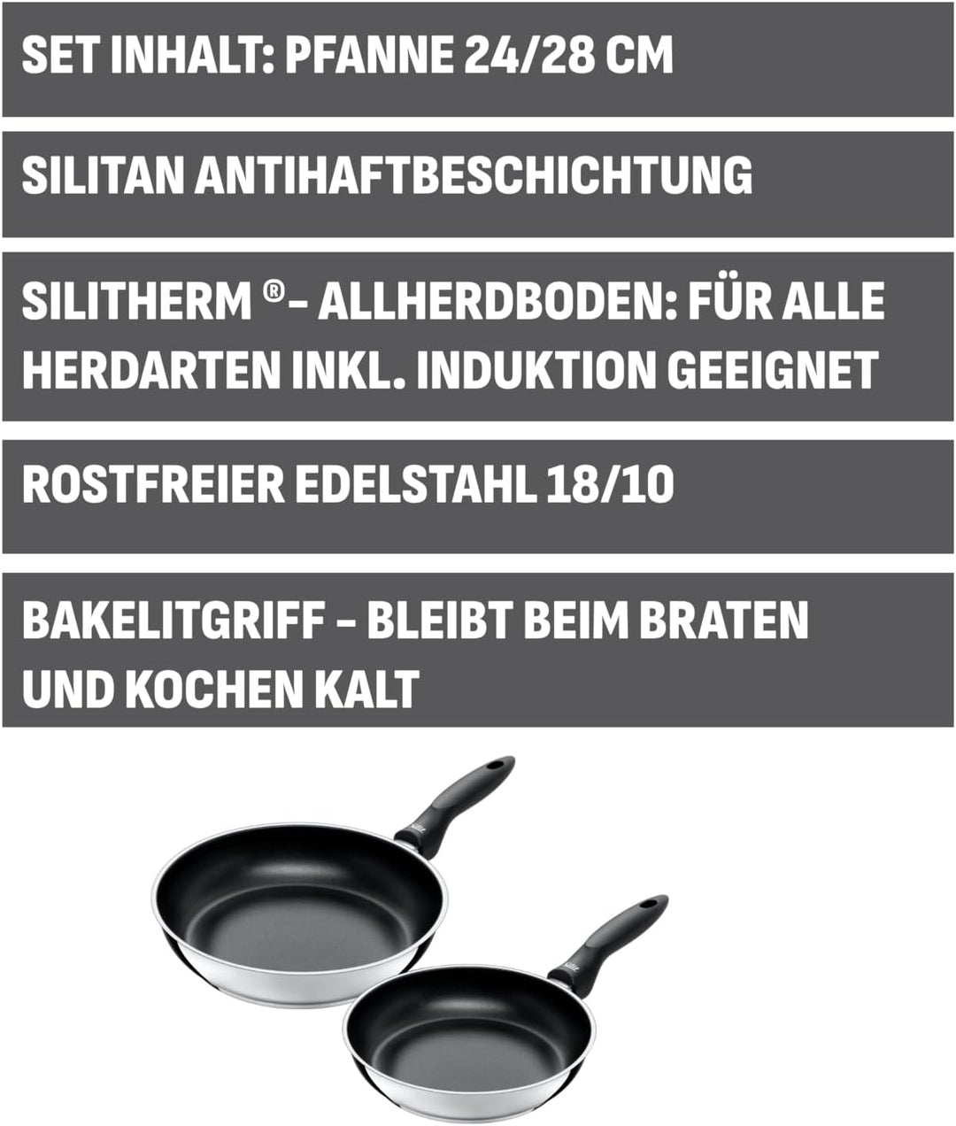 Silit Domus Pfannenset Induktion 2-teilig, Bratpfanne hoch 24, 28 cm, Induktion, Edelstahl beschicht