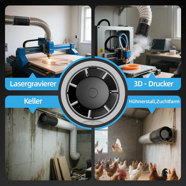 Rohrlüfter 100mm Regelbar, Rohrlüfter 8W, 310m³/h, Überhitzungsschutz Ventilator, Kanalventilator, I