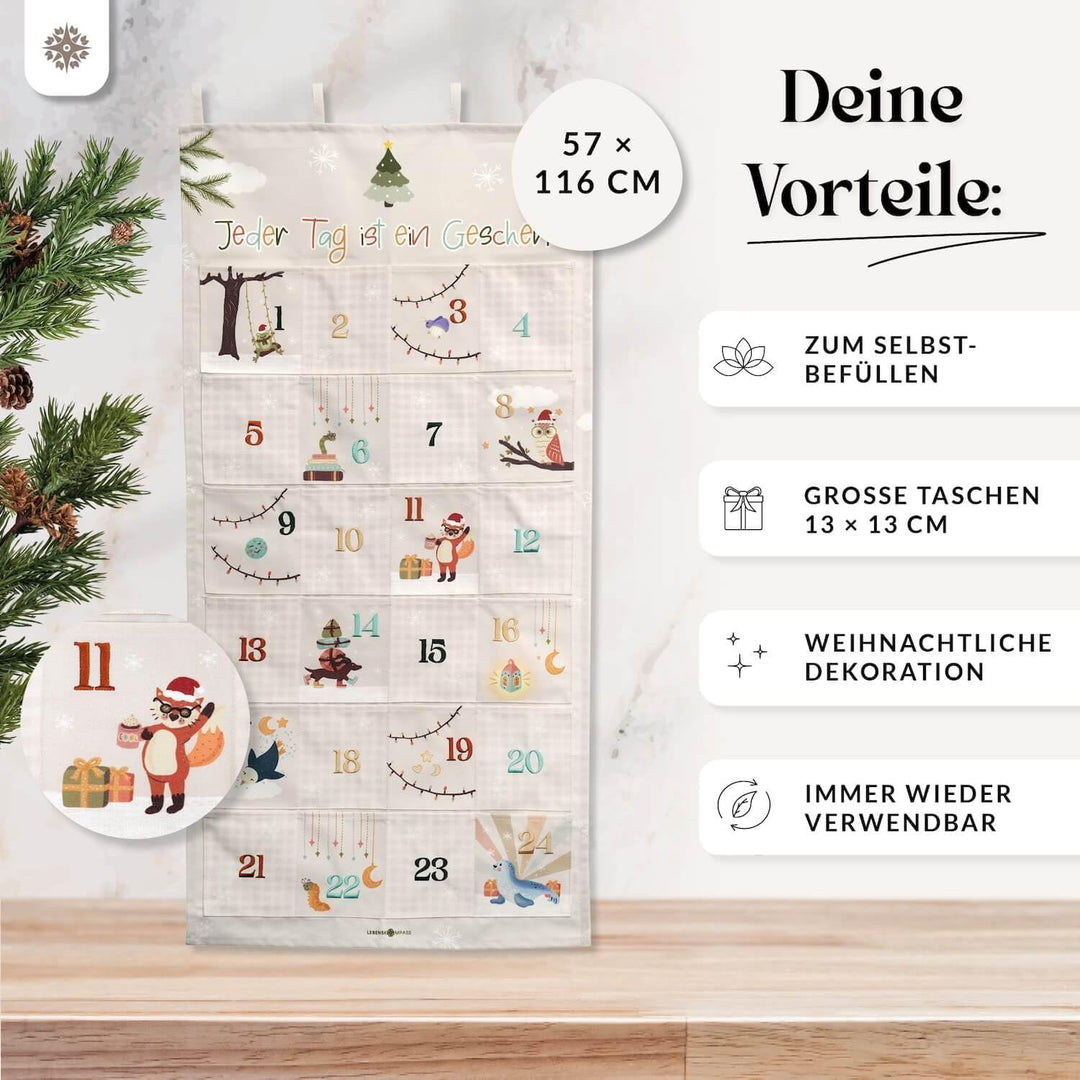 Lebenskompass® Adventskalender zum Befüllen aus Stoff für Kinder - Wandteppich mit 24 Taschen - Stof