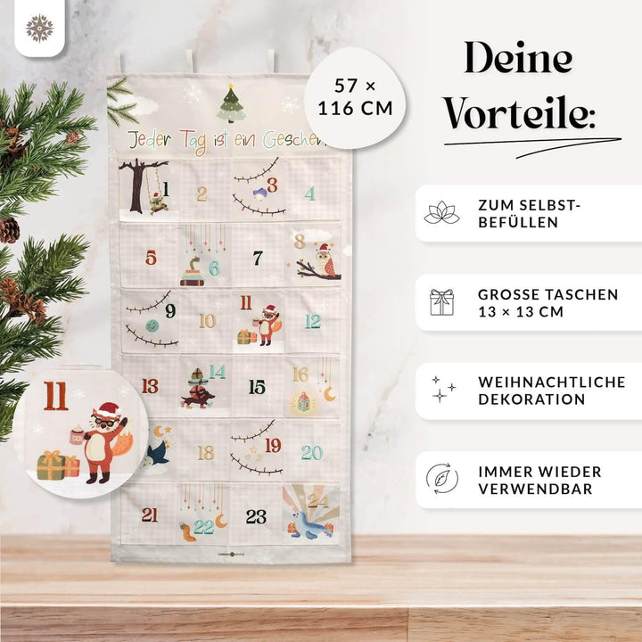 Lebenskompass® Adventskalender zum Befüllen aus Stoff für Kinder - Wandteppich mit 24 Taschen - Stof