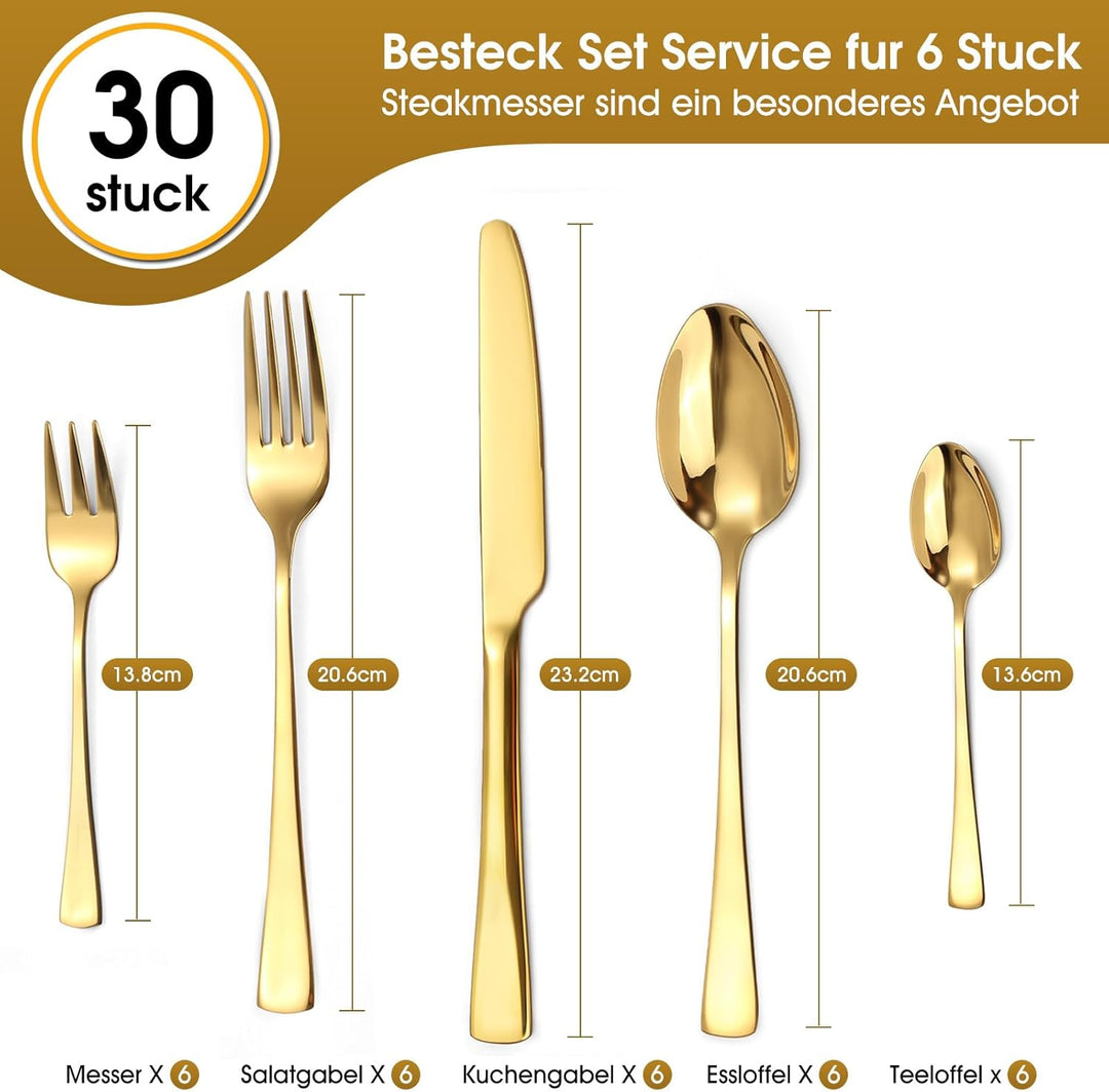 Goldenes Besteck Set 6 Personen, 30 teilig Besteck Set Glänzendes Goldenes aus Edelstahl mit Messern