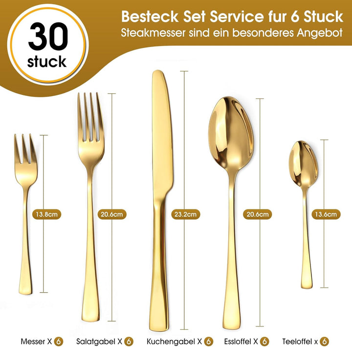 Goldenes Besteck Set 6 Personen, 30 teilig Besteck Set Glänzendes Goldenes aus Edelstahl mit Messern