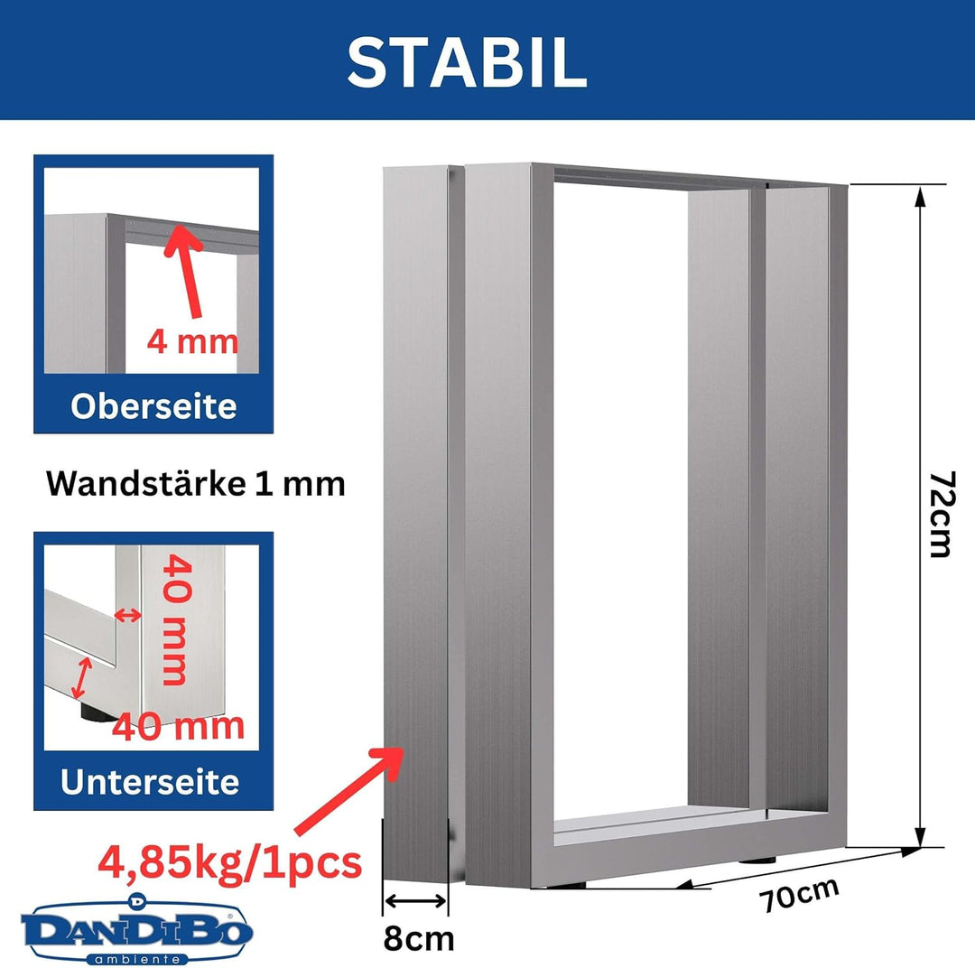 DanDiBo 2X Tischbeine Edelstahl 72 x 70 cm Tischgestell Höhenverstellbar 96672 Tischfüsse Möbelfüsse