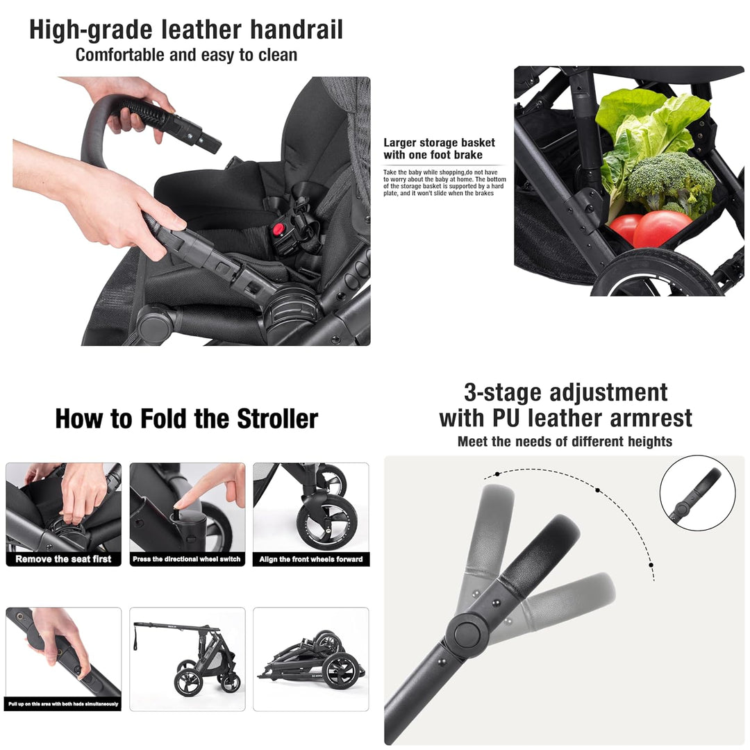 Kinderwagen 3 in 1, Kombikinderwagen 3 in 1 mit Zwei Umkehrbaren Schiebemodi, Kinderwagen Komplettse