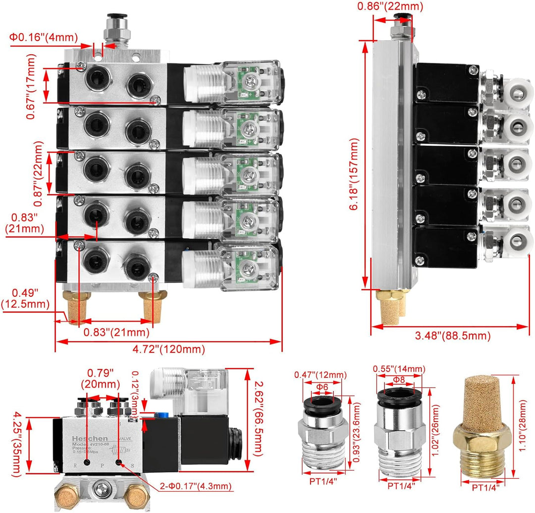 Heschen Elektrisches pneumatisches 5 Magnetventil, 4V210-08, DC12V, PT1/4, 5 Wege 2 Positionen, Krüm