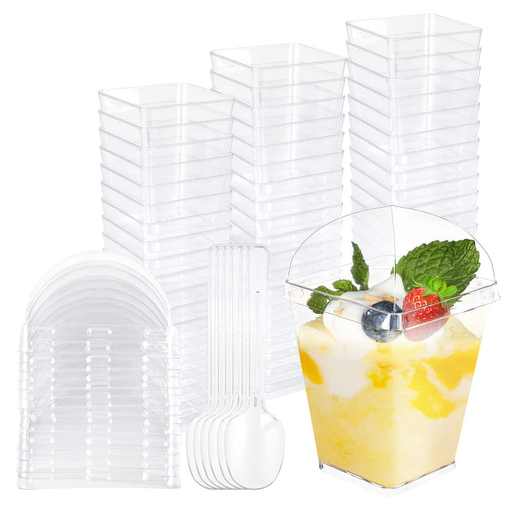 STARVAST 100 Stück Desserttassen mit Deckel und Löffeln, 150ML/5OZ Quadratischer Dessertbechern Set,