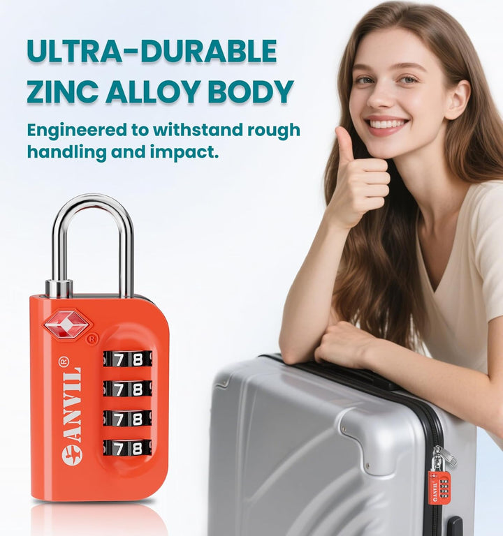 TSA Approved Luggage Lock - 4 Digit Combination padlocks with a Hardened Steel Shackle - Travel Lock