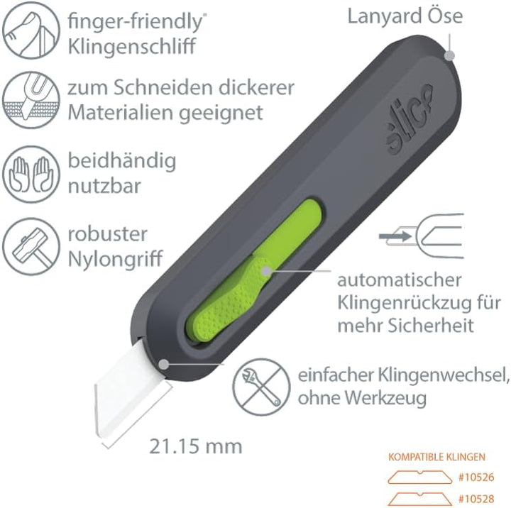 Slice 10554 Sicherheits-Cuttermesser mit automatischem Klingenrückzug • Profi Cutter für dicke Mater