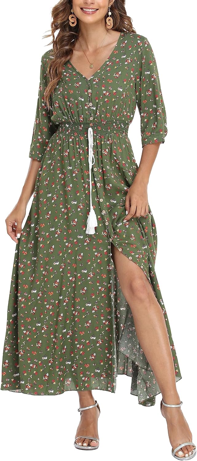 Damen Lange Split Knopf Up Sommer Maxikleid Floral Strandwear Holidy Kleid Hohe Taille mit kurzen Är