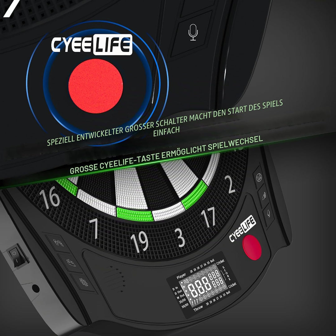 CyeeLife Elektronisch Dartscheibe mit 12 Dartpfeile Set und Zubehör,Batterie/Adapter/deutsch-English