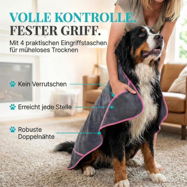 HUND IST KÖNIG Hundehandtuch extra saugfähig - Hunde Handtuch saugstark aus Mikrofaser mit 4 Eingrif