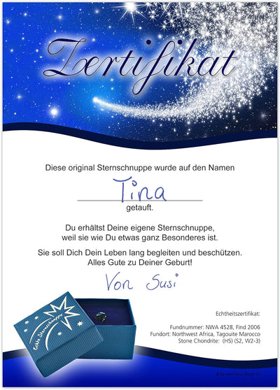 Echte Sternschnuppe in Geschenkbox mit Widmung zur Geburt - Meteorit mit Echtheitszertifikat und Tau