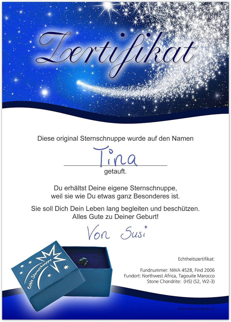Echte Sternschnuppe in Geschenkbox mit Widmung zur Geburt - Meteorit mit Echtheitszertifikat und Tau