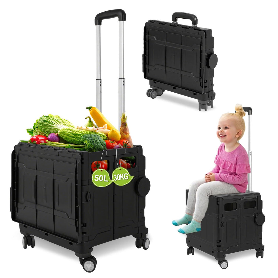 Einkaufstrolley Klappbar, mit neigbarer Teleskopgriff & Deckel, 4 x 360° Rollen, bis 30 kg, 50 Liter