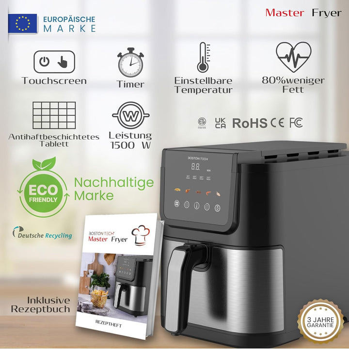 Boston Tech® Master Fryer 5L Heissluftfritteuse | Air Fryer 1500W + 5 Programme + Touchscreen-Steuer