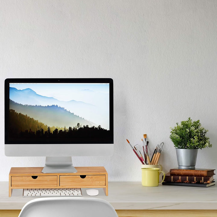 Relaxdays Monitorständer aus Bambus, PC Erhöhung mit 2 Schubladen, für Schreibtisch & Büro, HBT 11,5