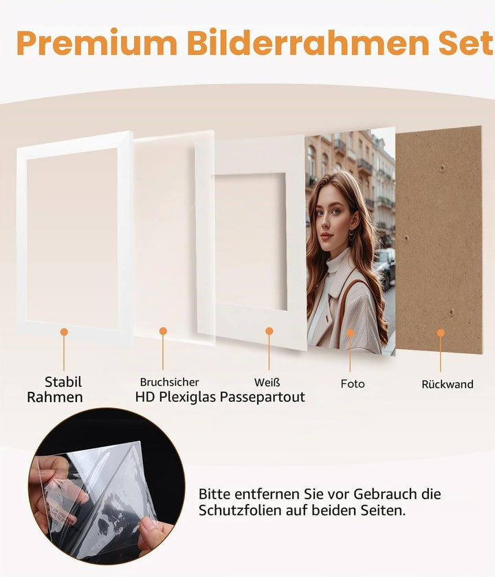 Bilderrahmen A4 4er Set, Weiss 21x29,7 cm Freistehende Fotorahmen mit Passepartout für 15x20 cm Foto