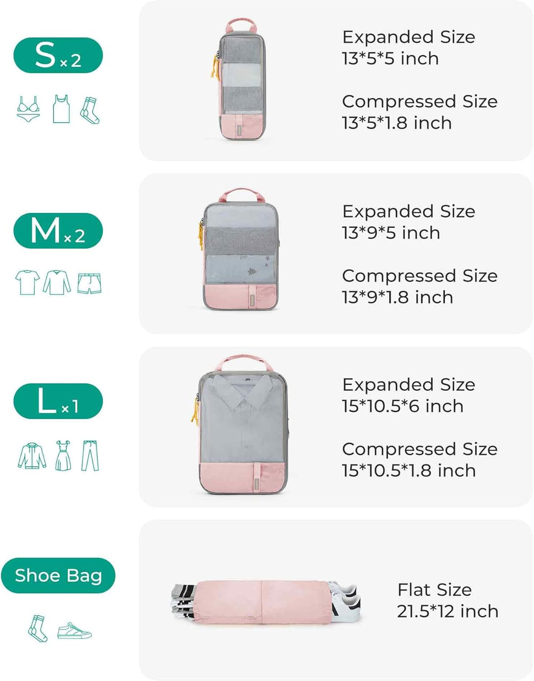 BAGSMART Packing Cubes Compression 6 Stück, Rucksack Koffer Organizer Packtaschen, Wasserdicht Packw