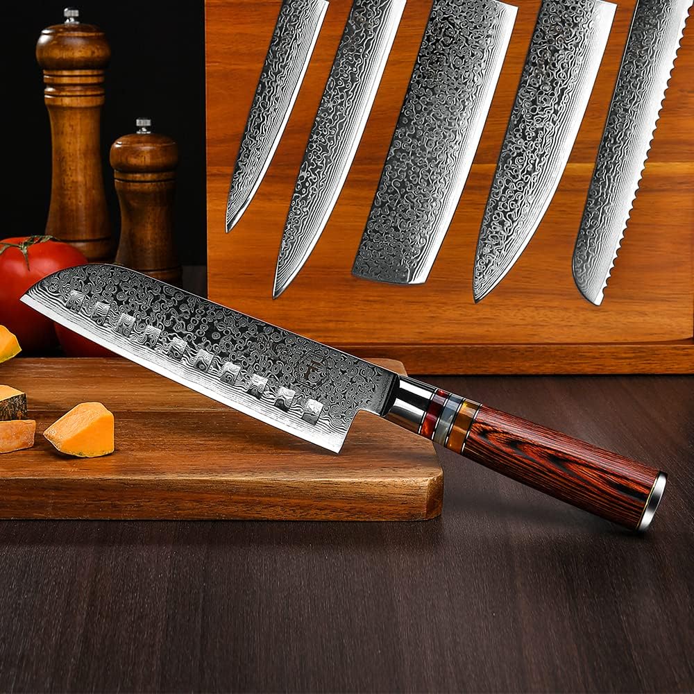 Damast Santokumesser 18cm, VG-10 Cored 67 Schichten Japanischen Damaststahl Profi Kochmesser, Extra