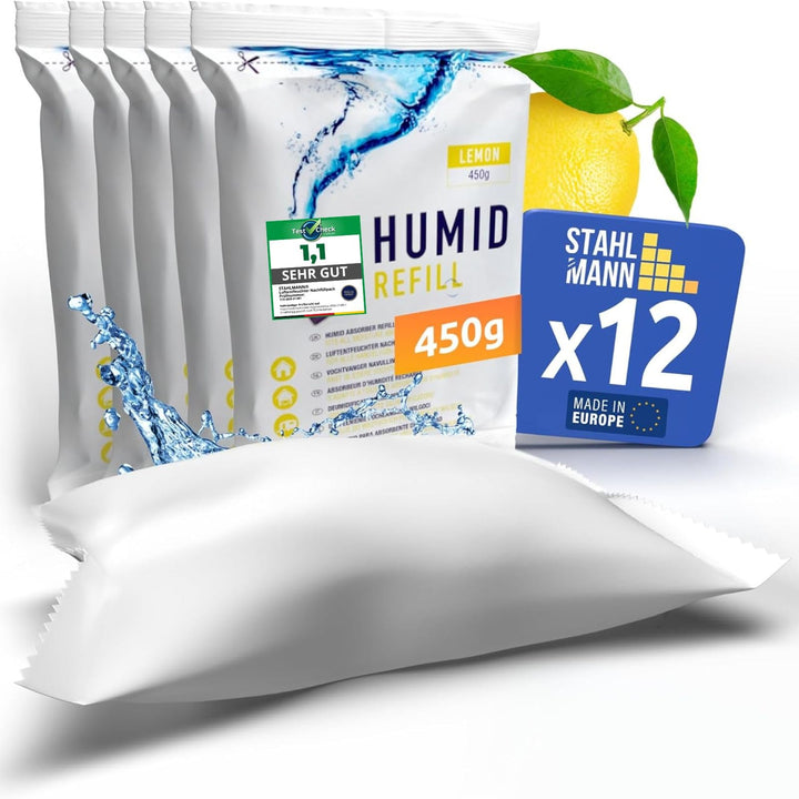 STAHLMANN® 12er Luftentfeuchter Nachfüllpack [12X450G Zitronen DUFT] - Luftentfeuchter Granulat [MAD