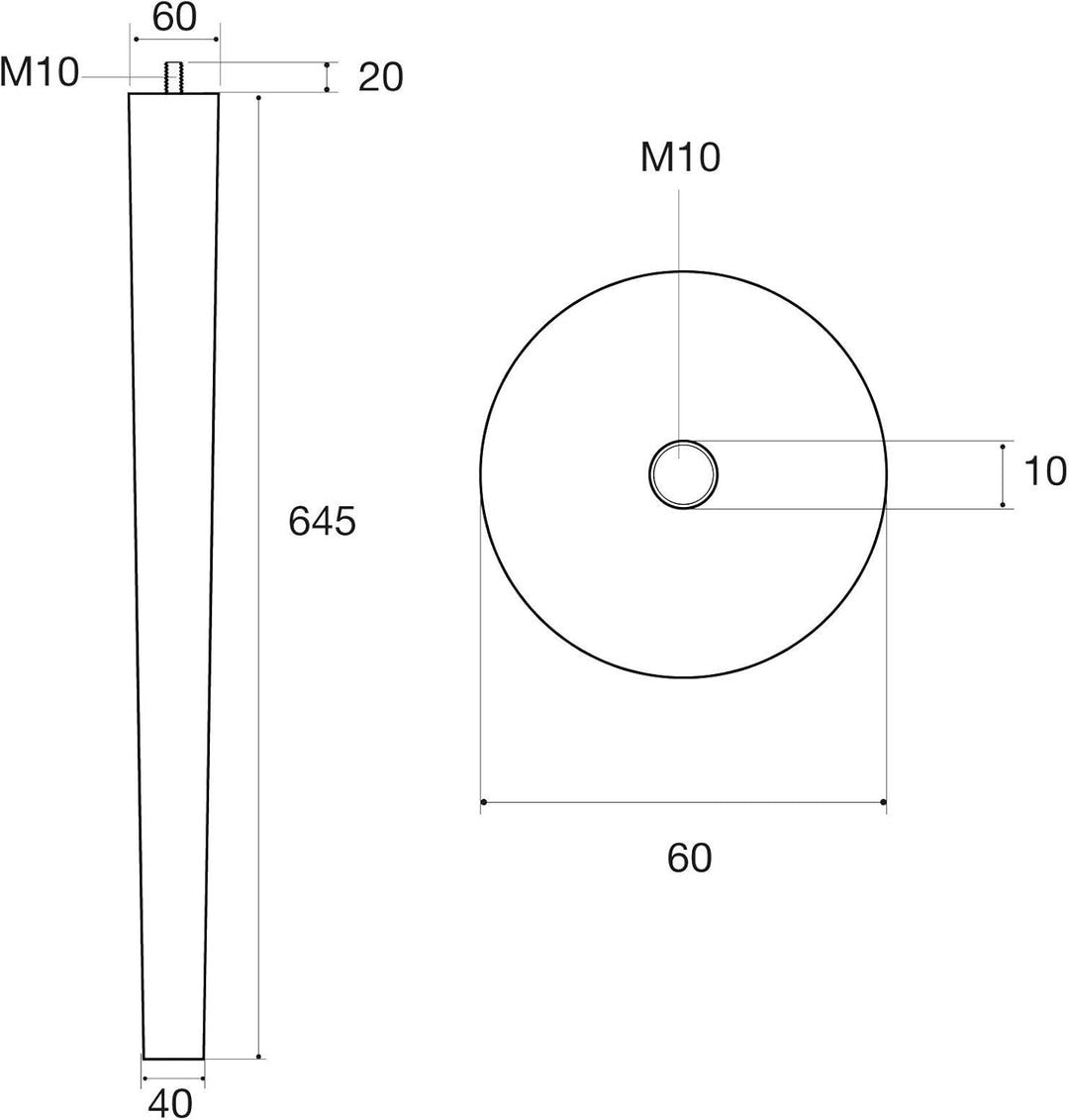 Tischbein Buche roh H 645 mm/Ø 60/40 mm mit Gewindestift M10 Ideal für Küchen & Ess-Tische/Tischfuss