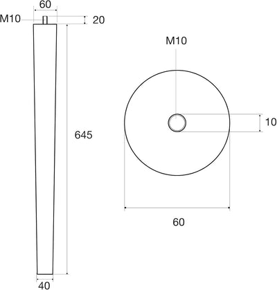 Tischbein Buche roh H 645 mm/Ø 60/40 mm mit Gewindestift M10 Ideal für Küchen & Ess-Tische/Tischfuss