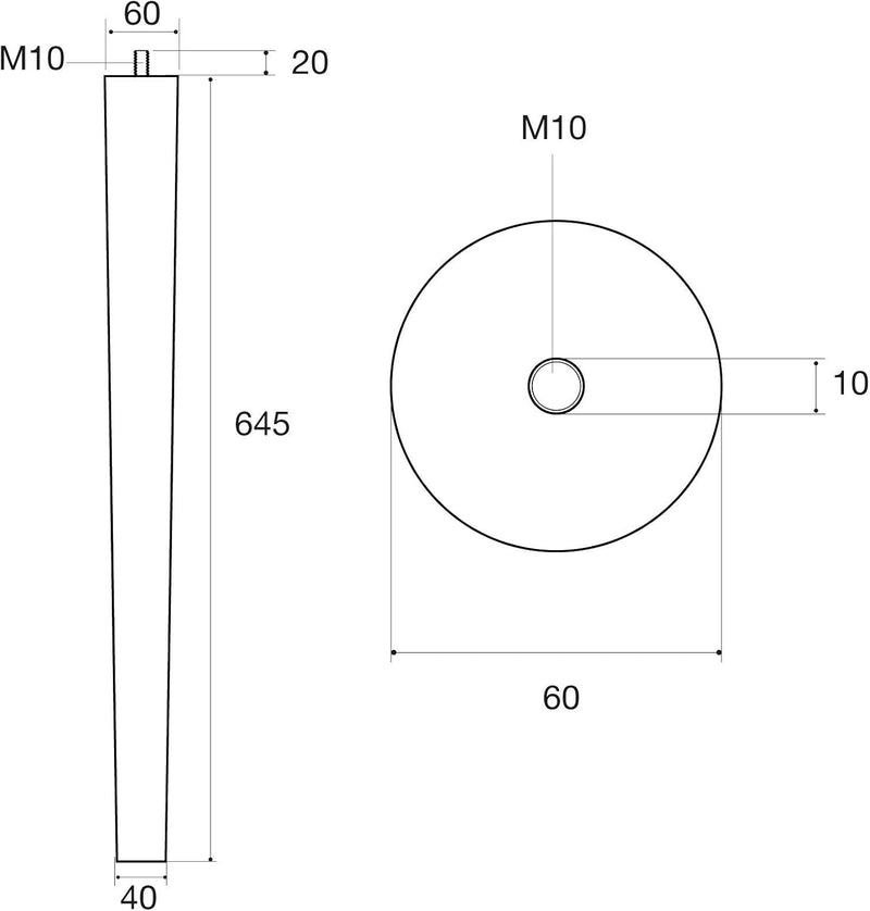 Tischbein Buche roh H 645 mm/Ø 60/40 mm mit Gewindestift M10 Ideal für Küchen & Ess-Tische/Tischfuss