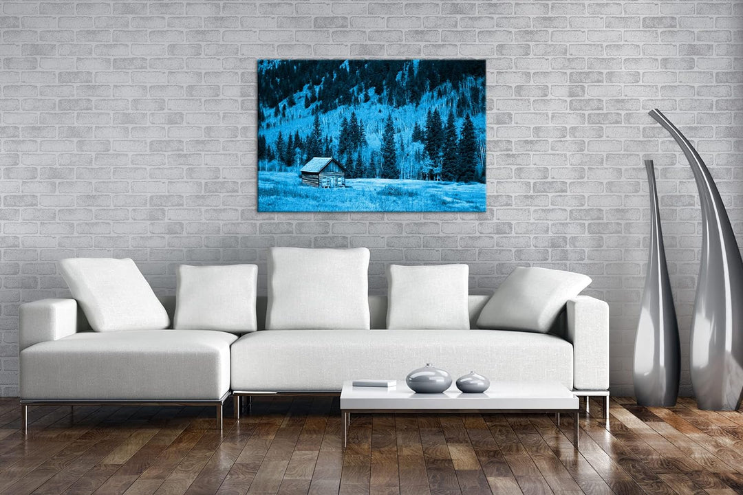 deyoli Blockhaus im Wald Format 100x70 Effekt: Monocrome Blau als Leinwandbild, Motiv fertig gerahmt