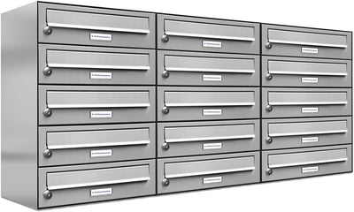 AL Briefkastensysteme 15er Briefkastenanlage Edelstahl, Premium Briefkasten DIN A4, 15 Fach Postkast